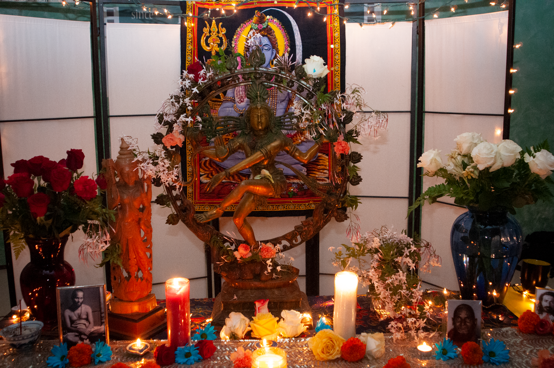 Puja table with statue of dancing Shiva